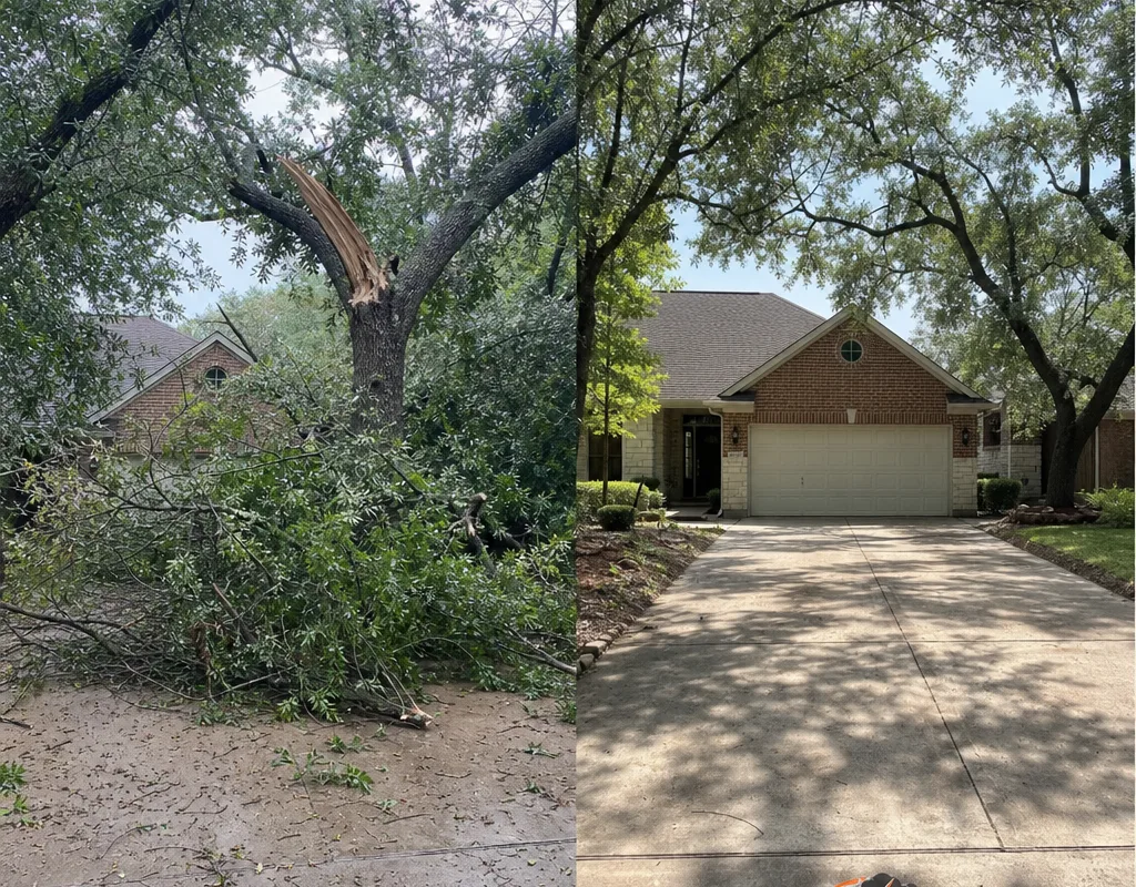 Before and after view of storm-split limbs over a driveway and the cleared driveway after removal and haul-off