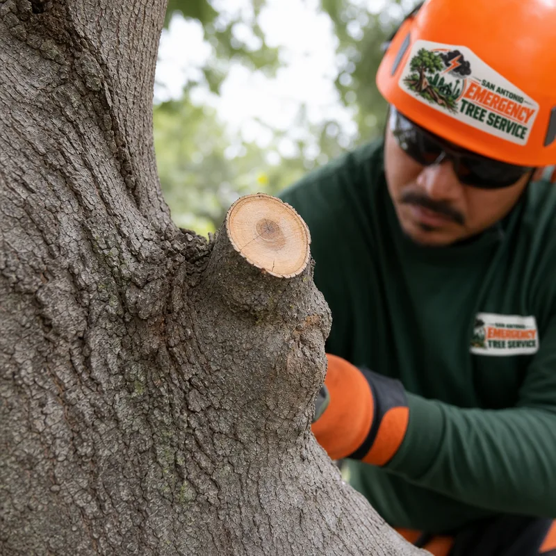 Close-up of a clean pruning cut at the branch collar on a live oak limb
