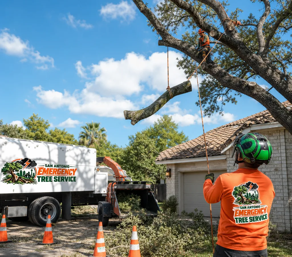 San Antonio tree crew in protective equipment lowering a large limb near a residential roofline with cones and a chipper staged nearby