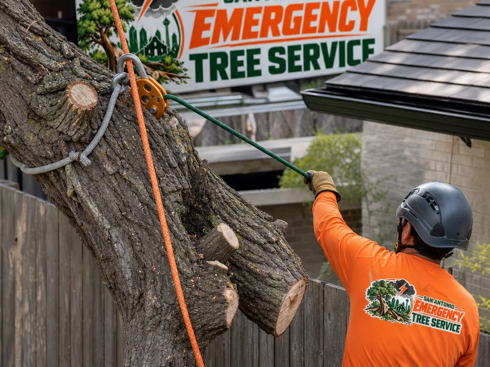 Rigging rope and lowering equipment controlling a large limb away from a fence and roof edge