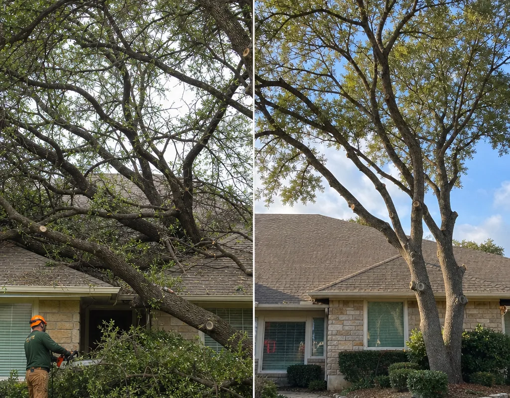 Before and after view of a shade tree showing roof clearance, fewer crossing branches, and a balanced natural canopy