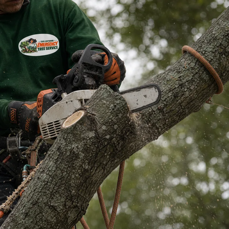 Arborist making a correct pruning cut at the branch collar while a rope supports the limb