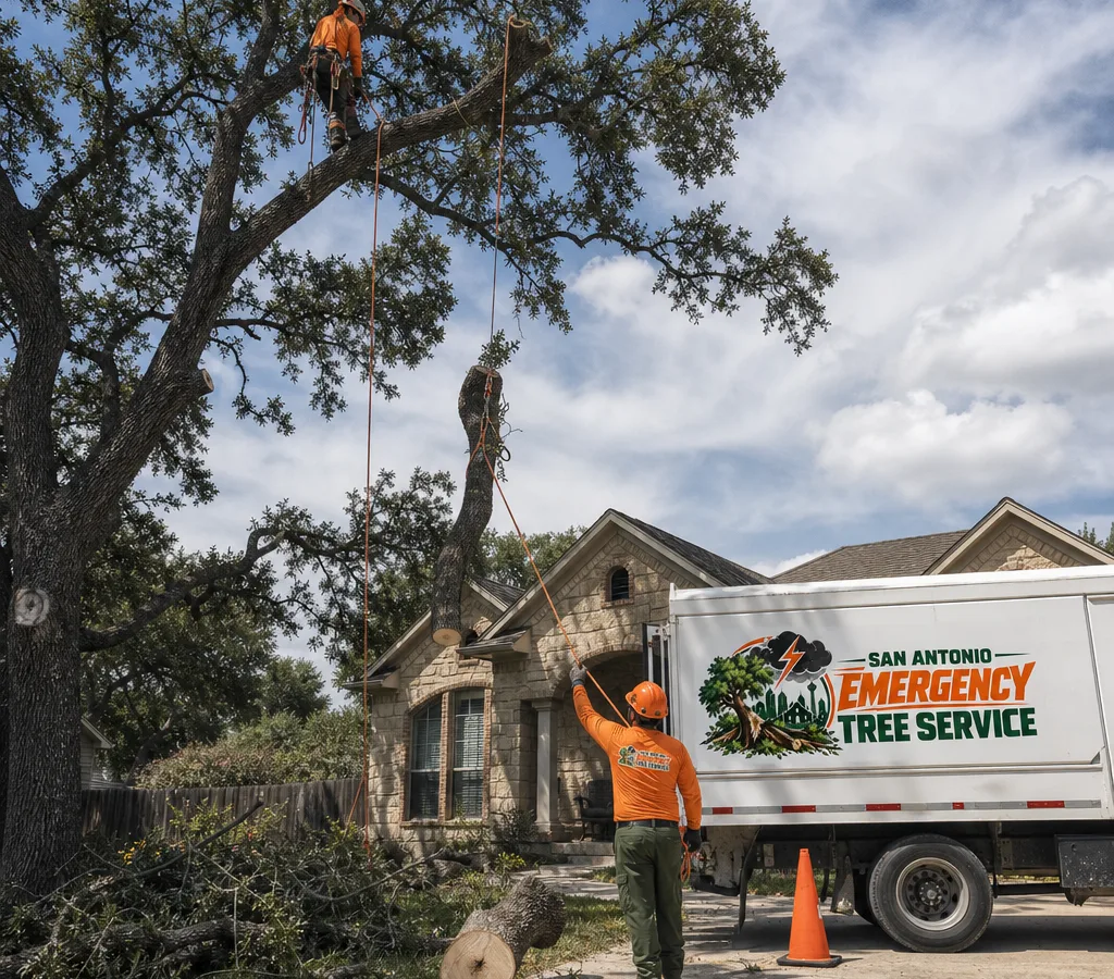 Crew trimming a large shade tree in a San Antonio front yard with protective equipment and ropes to lower limbs away from a driveway and roofline