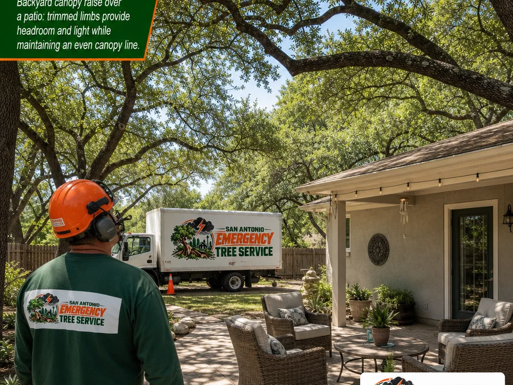 Backyard tree canopy raised over a patio to improve headroom and light while maintaining an even canopy