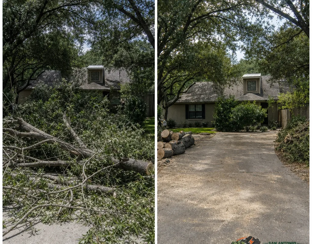 Before and after view of a downed tree blocking a driveway and the reopened driveway after brush was cleared and wood cut into manageable sections