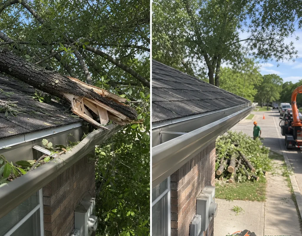 Before and after view of a storm-broken limb resting on a roof and the cleared roof area after removal and debris cleanup