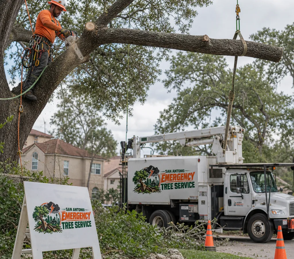 Crew member in protective equipment making a controlled cut on a storm-damaged limb in a residential San Antonio yard with rigging ropes, truck, and safety cones visible