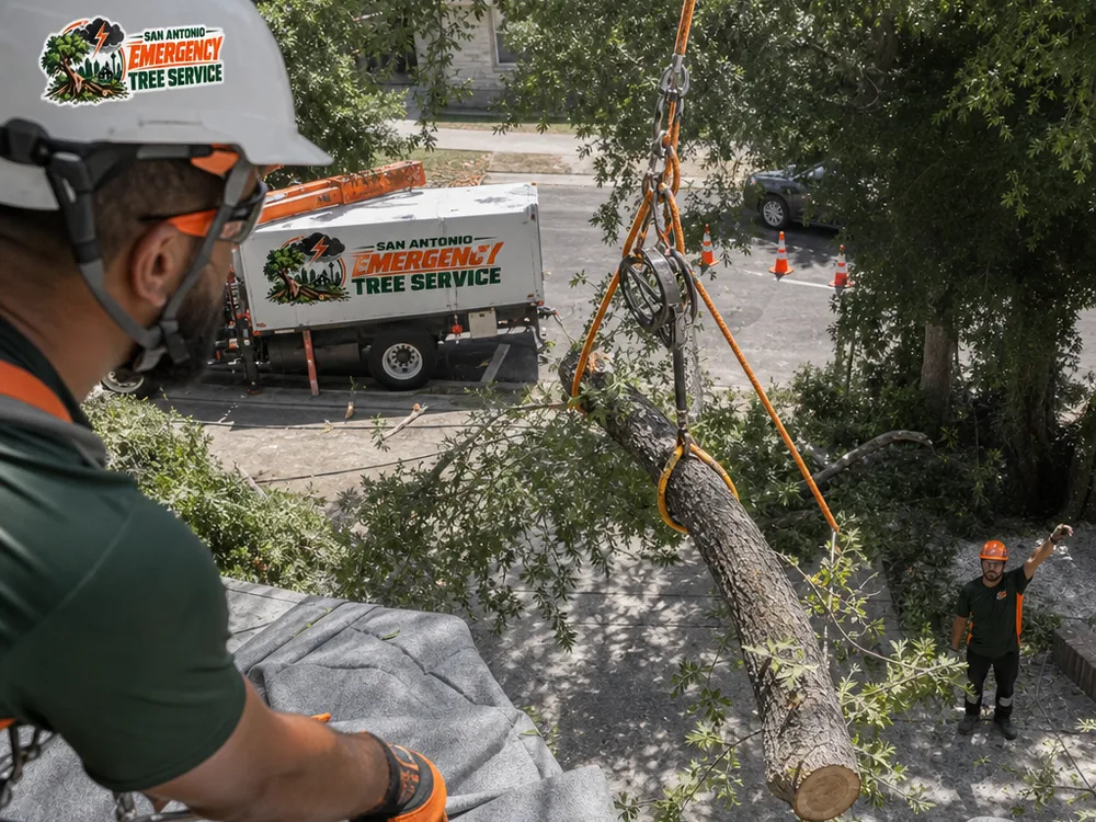 Rope and rigging setup lowering a large limb away from a roof edge while a spotter watches the protected landing zone