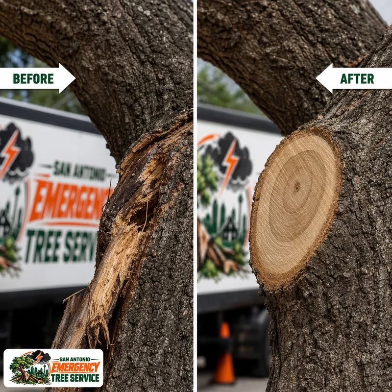 Correct pruning cut at the branch collar on a storm-cracked limb after torn wood was removed back to sound tissue