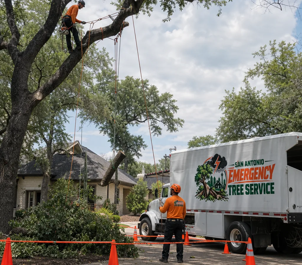 Arborist pruning a large oak over a San Antonio driveway with a marked drop zone and rigging lines for controlled limb removal