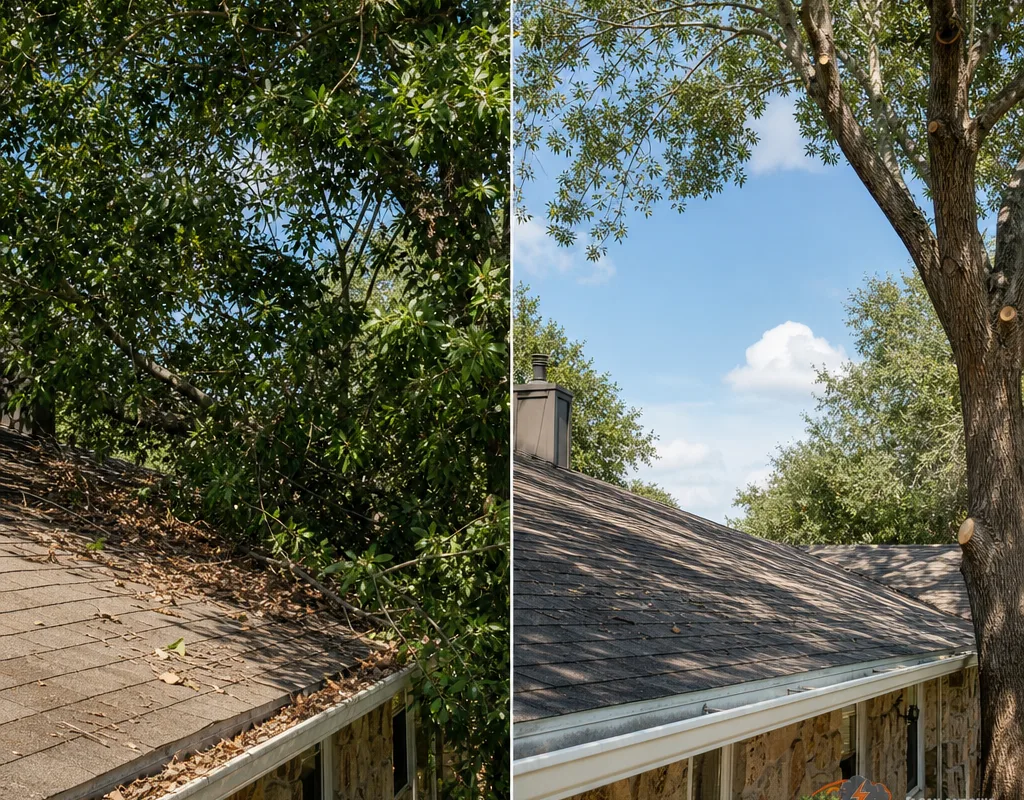 Before and after view of a dense tree canopy selectively reduced to improve roof clearance while preserving its natural shape