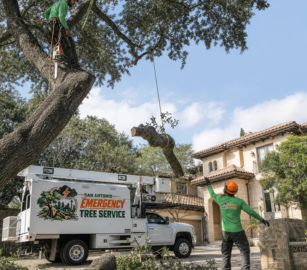 Crew trimming a large residential shade tree with protective equipment and ropes near a San Antonio home and driveway