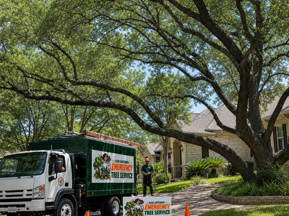 Trimmed oak canopy with balanced limb spacing above a San Antonio driveway and sidewalk