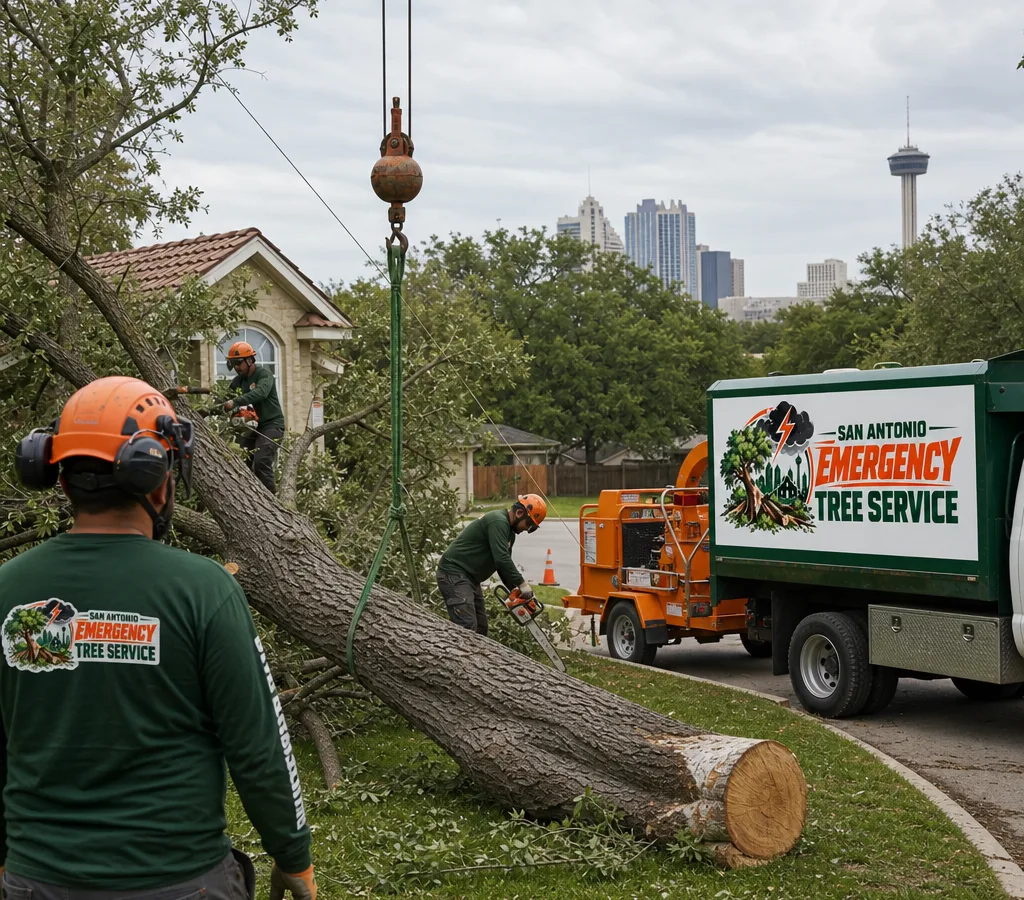 Crew removing a large downed tree in a San Antonio residential yard using rigging with a chipper safely staged at the curb