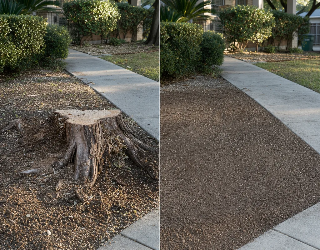 Before-and-after view of a front yard stump near a sidewalk and the level raked area ready for topsoil and sod