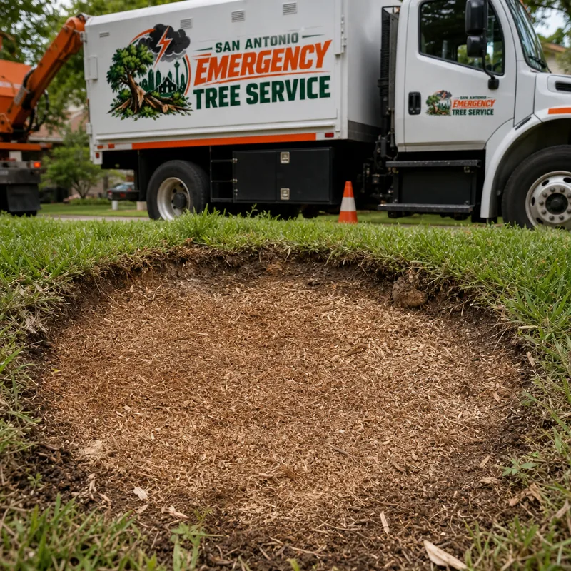 Finished stump grind area several inches below grade with turf edges intact and grindings contained