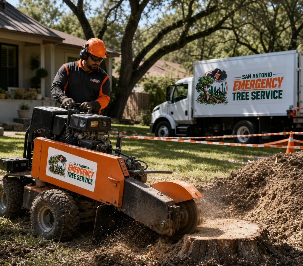 Technician operating a stump grinder in a residential San Antonio yard with safety barriers and controlled debris direction