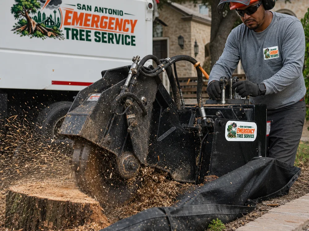 Stump grinder wheel grinding a stump with controlled wood chips contained near a protected paver edge