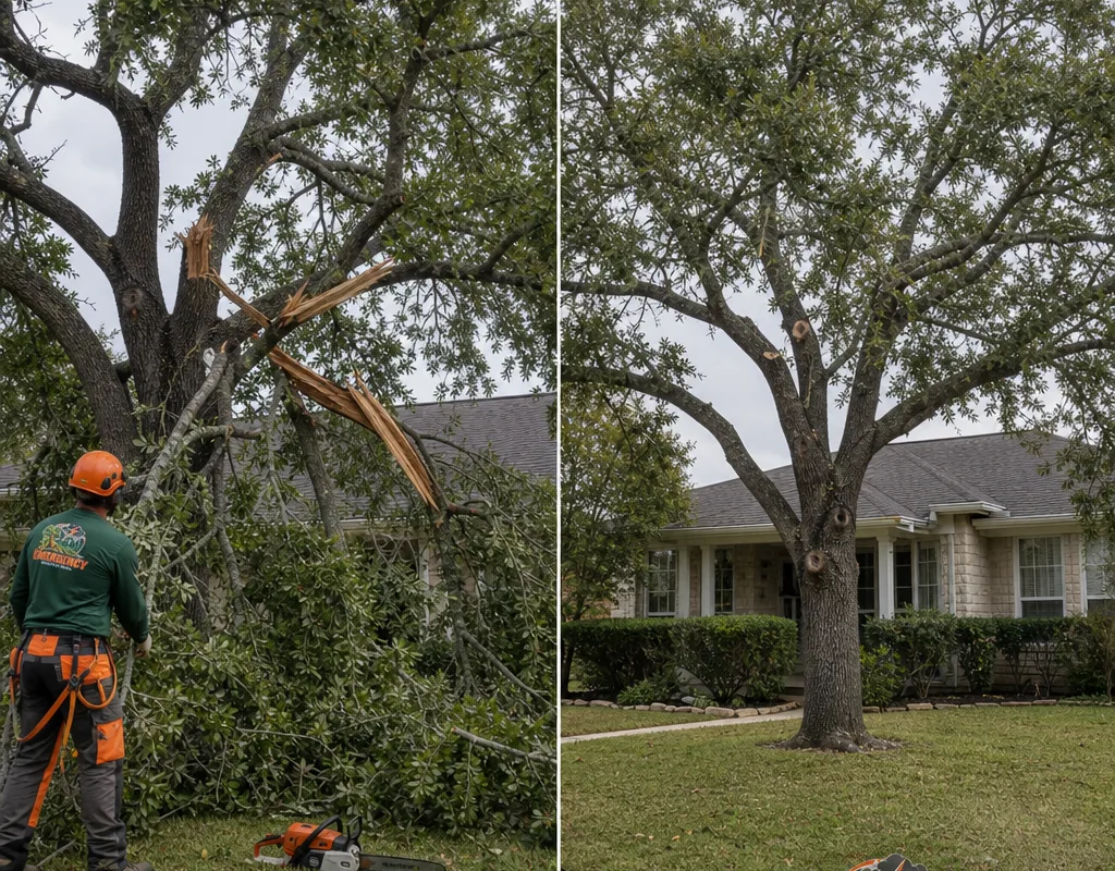 Before-and-after view of storm-broken hanging limbs and the tree after hazard reduction and corrective pruning
