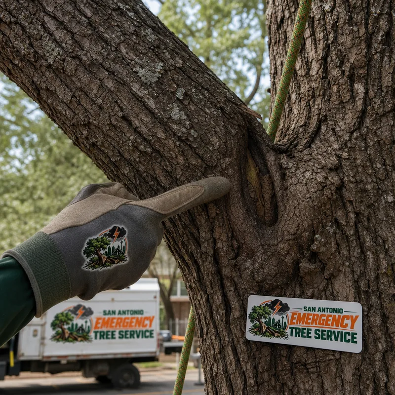 Arborist pointing out a weak branch union with included bark while a rigging line hangs nearby
