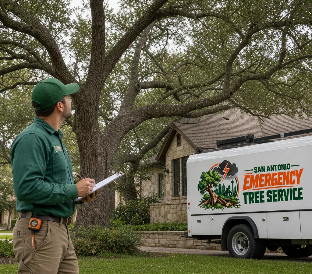 Certified arborist inspecting the canopy of a mature tree near a San Antonio home