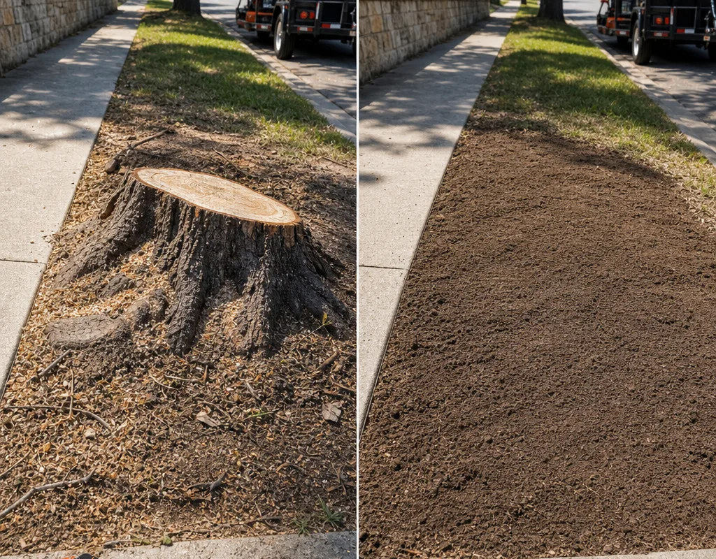 Before and after view of a stump near a sidewalk and the same area ground, raked, and topped with soil for sod