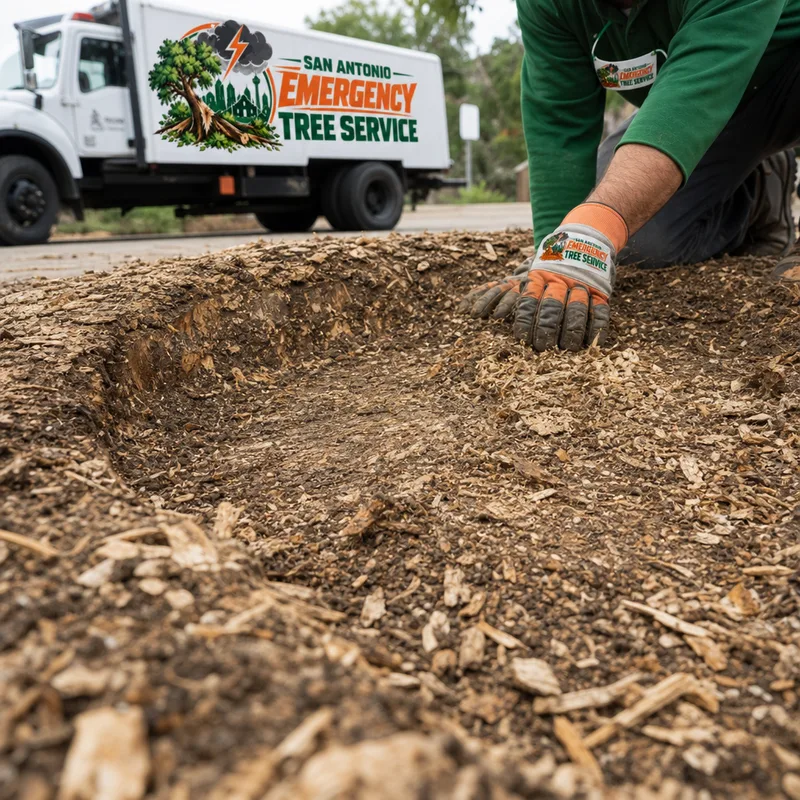 Ground stump area with wood chips mixed into soil and a smooth finish slightly below grade