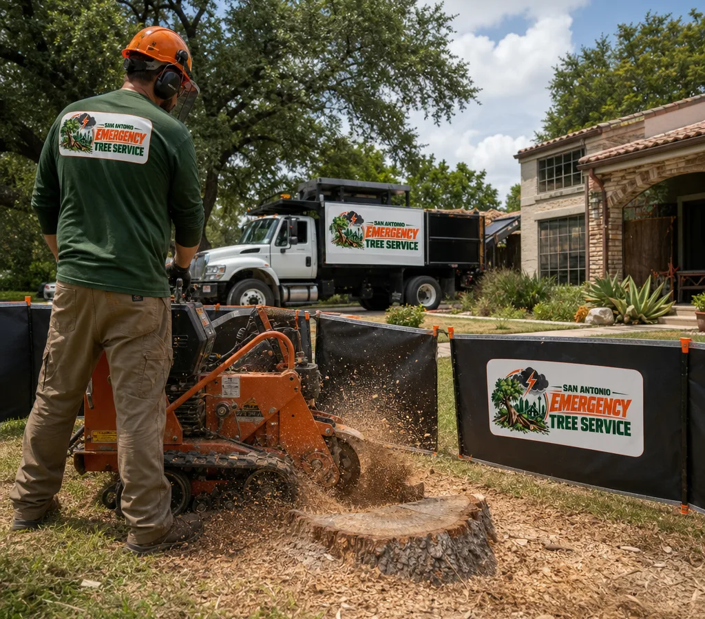Technician operating a stump grinder in a San Antonio front yard with safety barriers and mulch chips visible