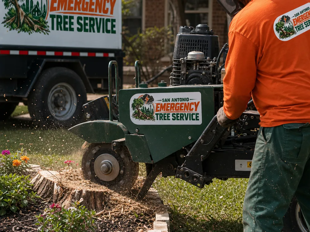 Stump grinder wheel cutting into a stump with controlled chip direction beside protected turf and a flower bed