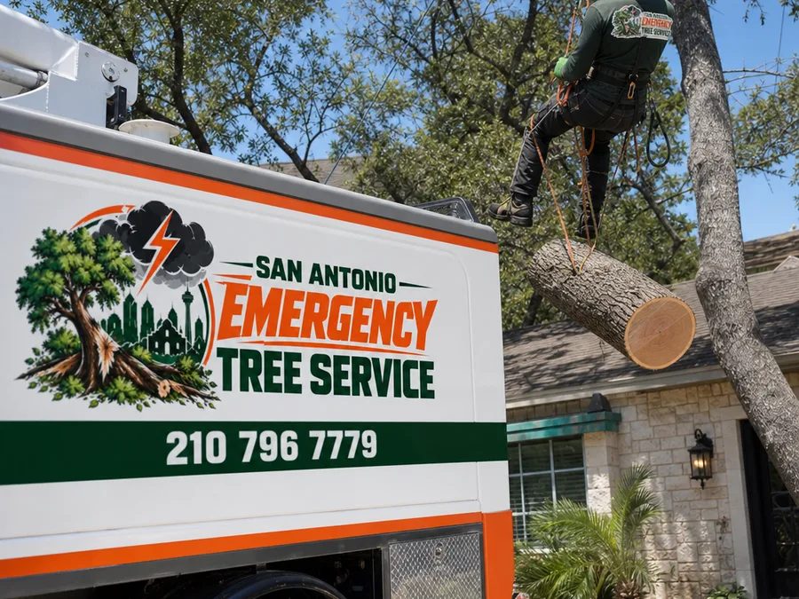 Arborist in protective equipment using rigging to lower a cut trunk section away from a roof line