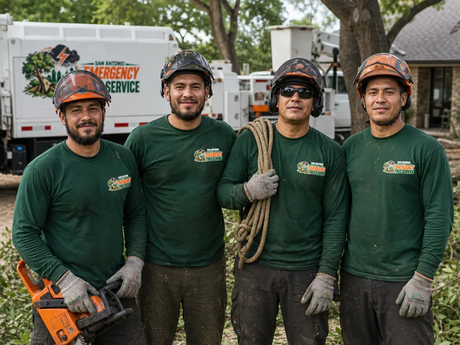 Tree removal team with trucks and safety gear at a San Antonio residential jobsite